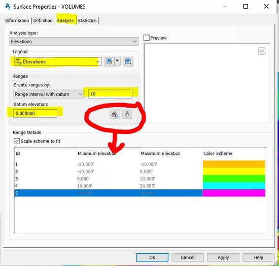 CIVIL 3D CONTOURS COLOR RANGES ANALYSIS, SLOPE ARROWS AND LEGEND 