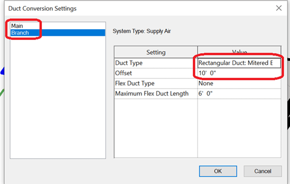 Duct Conversion Settings