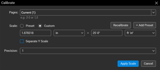 Calibrate options in Bluebeam Revu