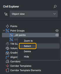 BricsCAD Civil Explorer panel