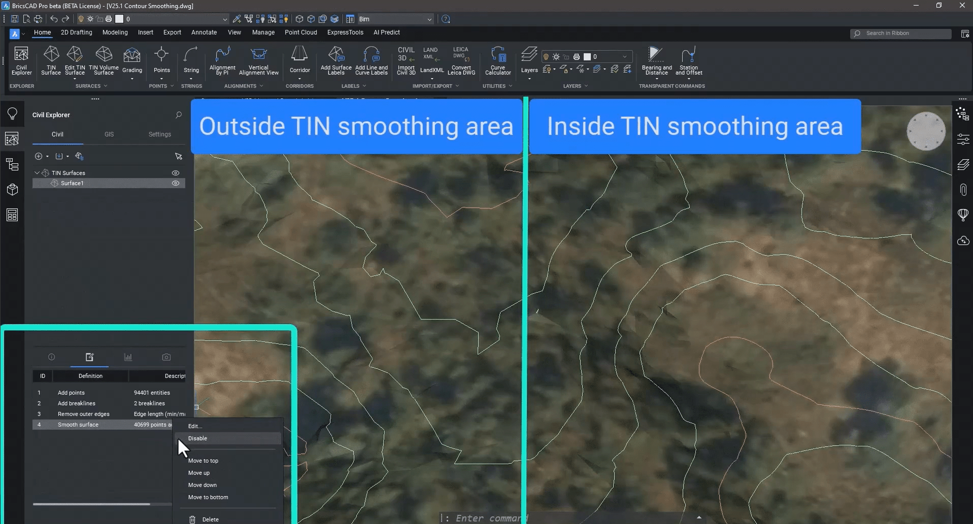 BricsCAD v25: TIN surface smoothing