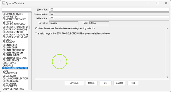 System Variables Editor in AutoCAD