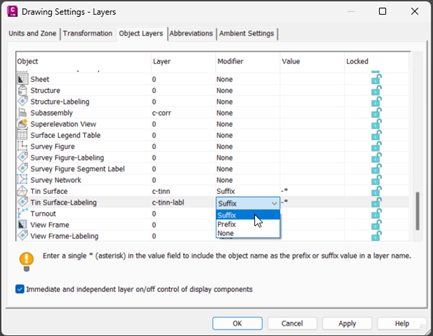 Adding a modifier to the layer name in Civil 3D