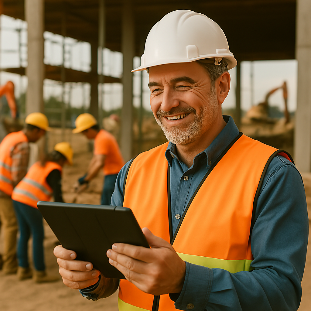Construction professional on a job site looking happy about a report.