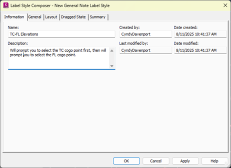 Civil 3D Label Style Composer Information tab
