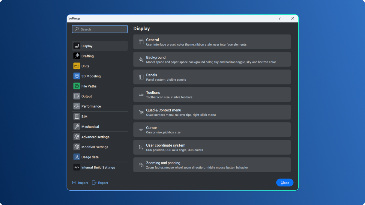 Customizations for Settings dialog box