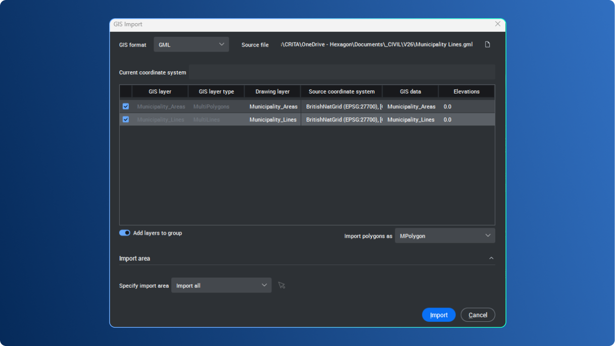 GIS import and export for GML files