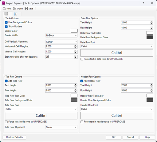 Table Options dialog