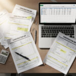 Construction bids scattered across desk and on excel file on laptop