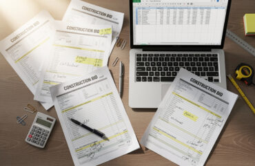 Construction bids scattered across desk and on excel file on laptop