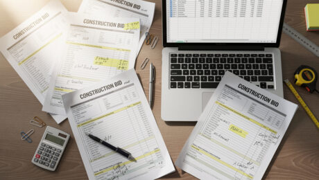 Construction bids scattered across desk and on excel file on laptop