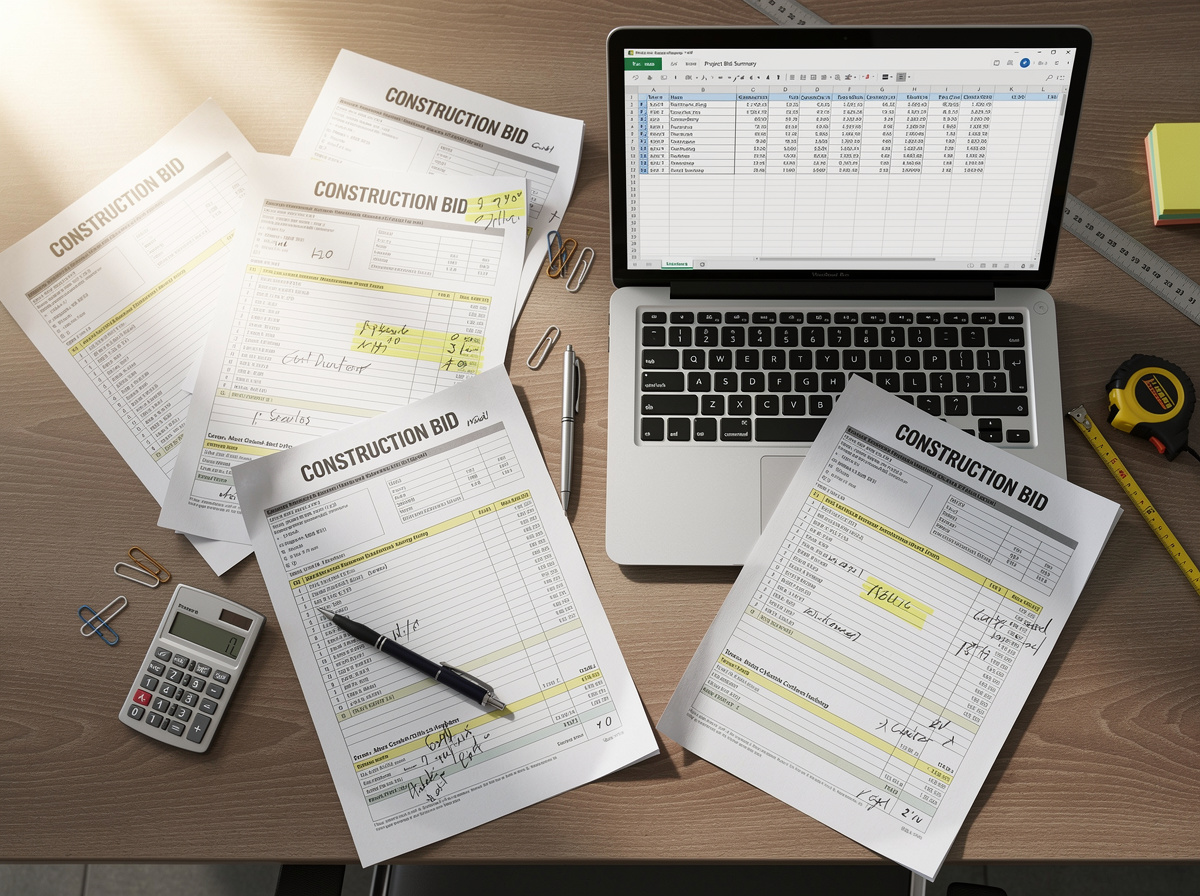 Construction bids scattered across desk and on excel file on laptop