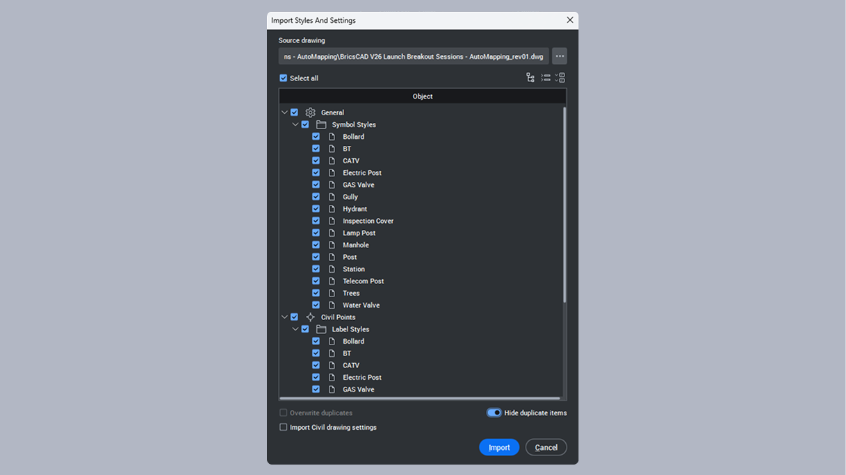 Import drawing styles and settings