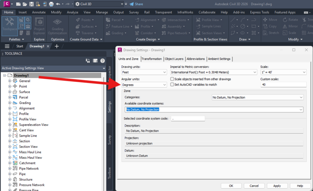 Civil 3D: Drawing Settings dialog