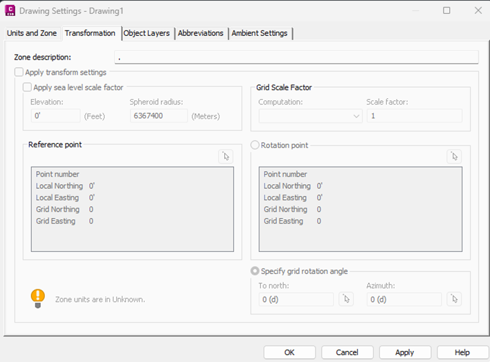 Civil 3D: Drawing Settings dialog - Transformation tab