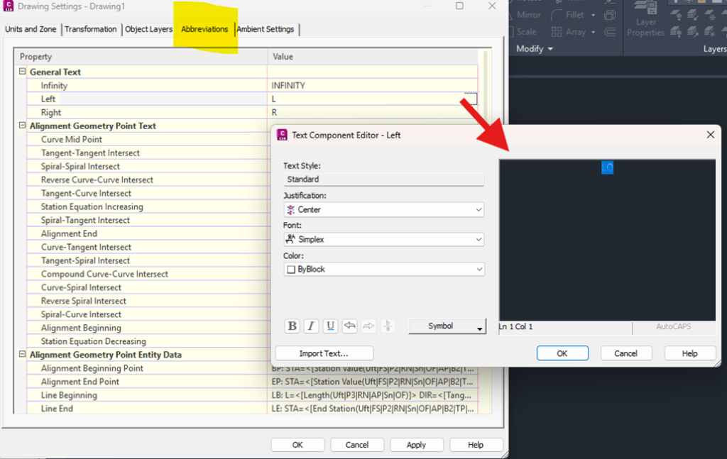 Civil 3D: Drawing Settings dialog - Abbreviations tab
