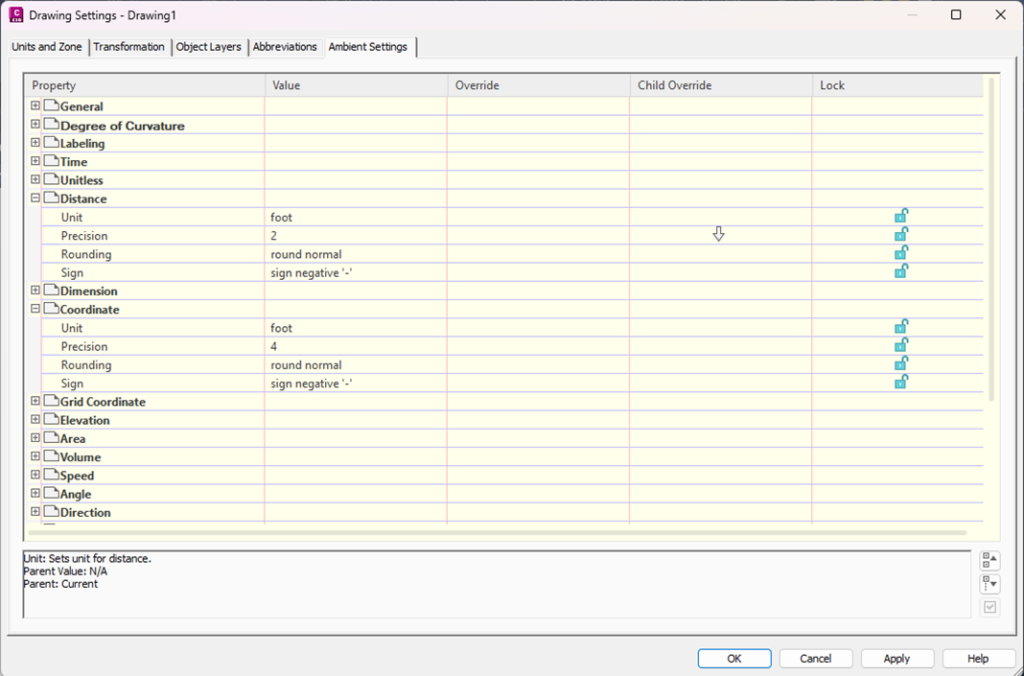 Civil 3D: Drawing Settings dialog - Ambient Settings tab