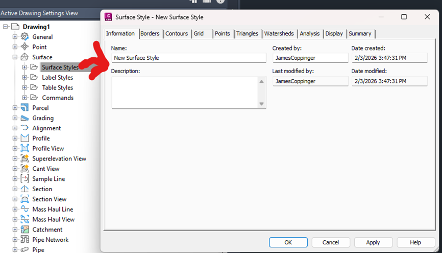 Civil 3D Surface Style dialog
