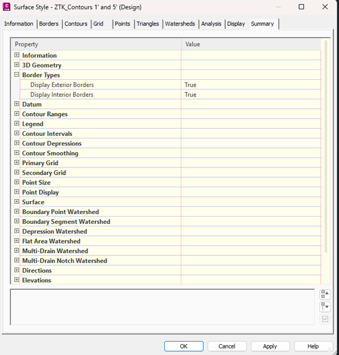 Civil 3D Surface Style dialog: Summary tab
