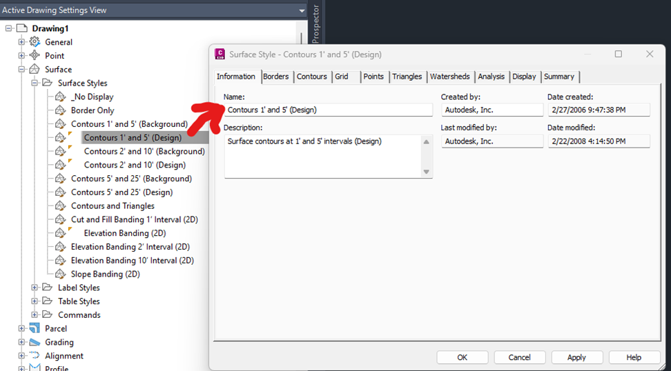 Civil 3D Surface Style dialog