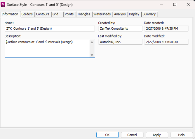 Civil 3D Surface Style dialog: Information tab