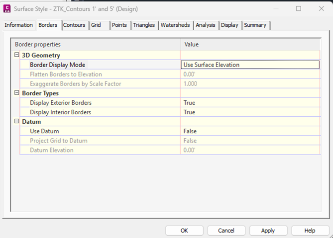 Civil 3D Surface Style dialog: Borders tab