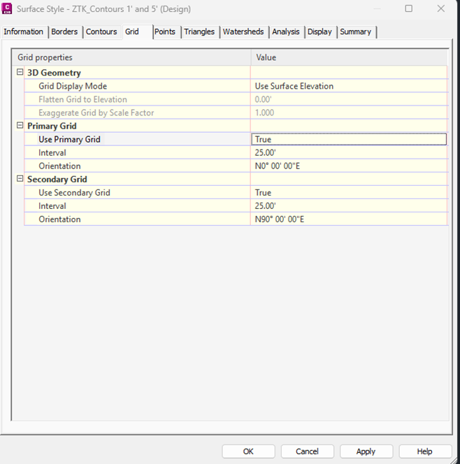 Civil 3D Surface Style dialog: Grid tab