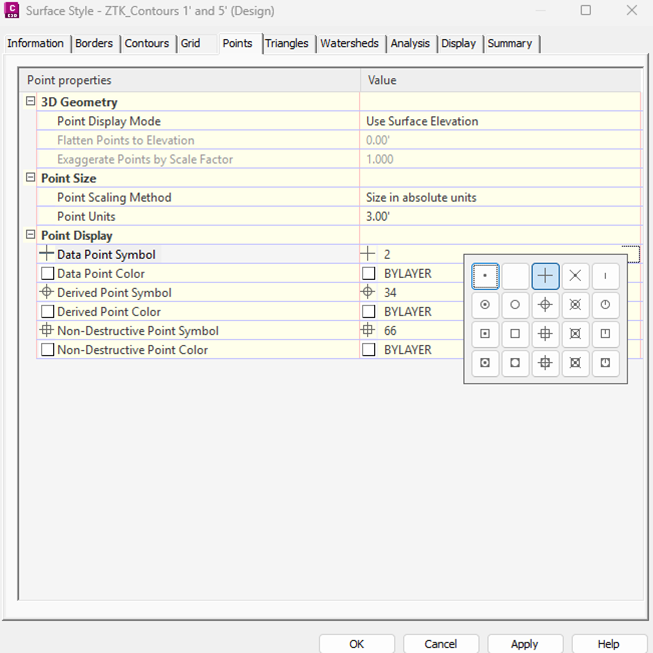 Civil 3D Surface Style dialog: Points tab