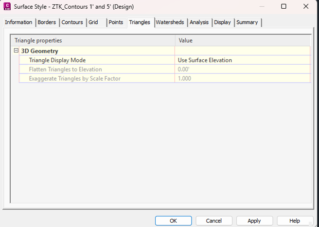 Civil 3D Surface Style dialog: Triangles tab
