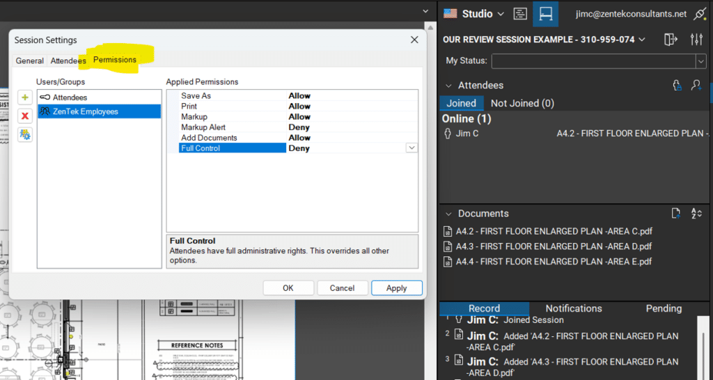 Bluebeam Studio Session Permissions
