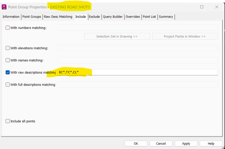 Prospector tab - Point Groups in Civil 3D