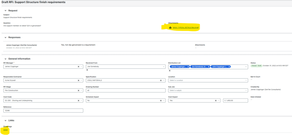 Procore: Linking RFIs to drawings and specs