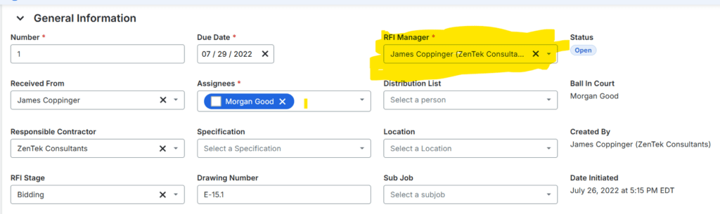 Changing Assignee for the RFI Distribution List in Procore