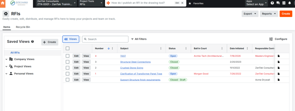 Procore Managing RFIs